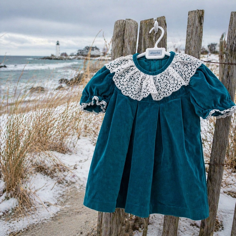 Good Lad Velvet Lace Collar Dress Toddler 24M Teal Vintage Holiday Made in USA‎
